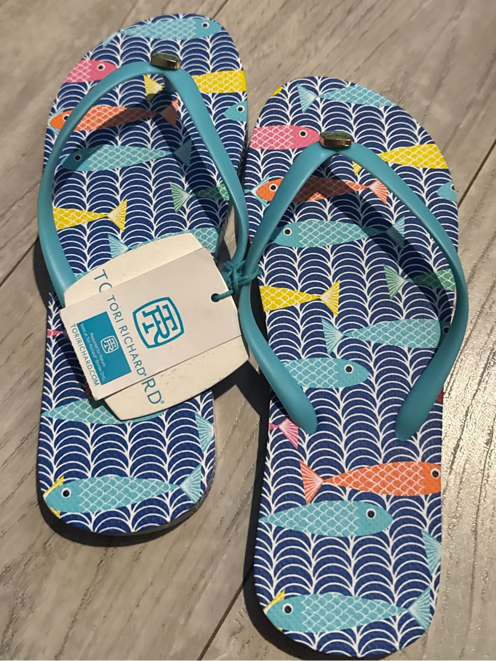 Tori Richard Blue Tropical Flip Flops with Multicolor Fish Print